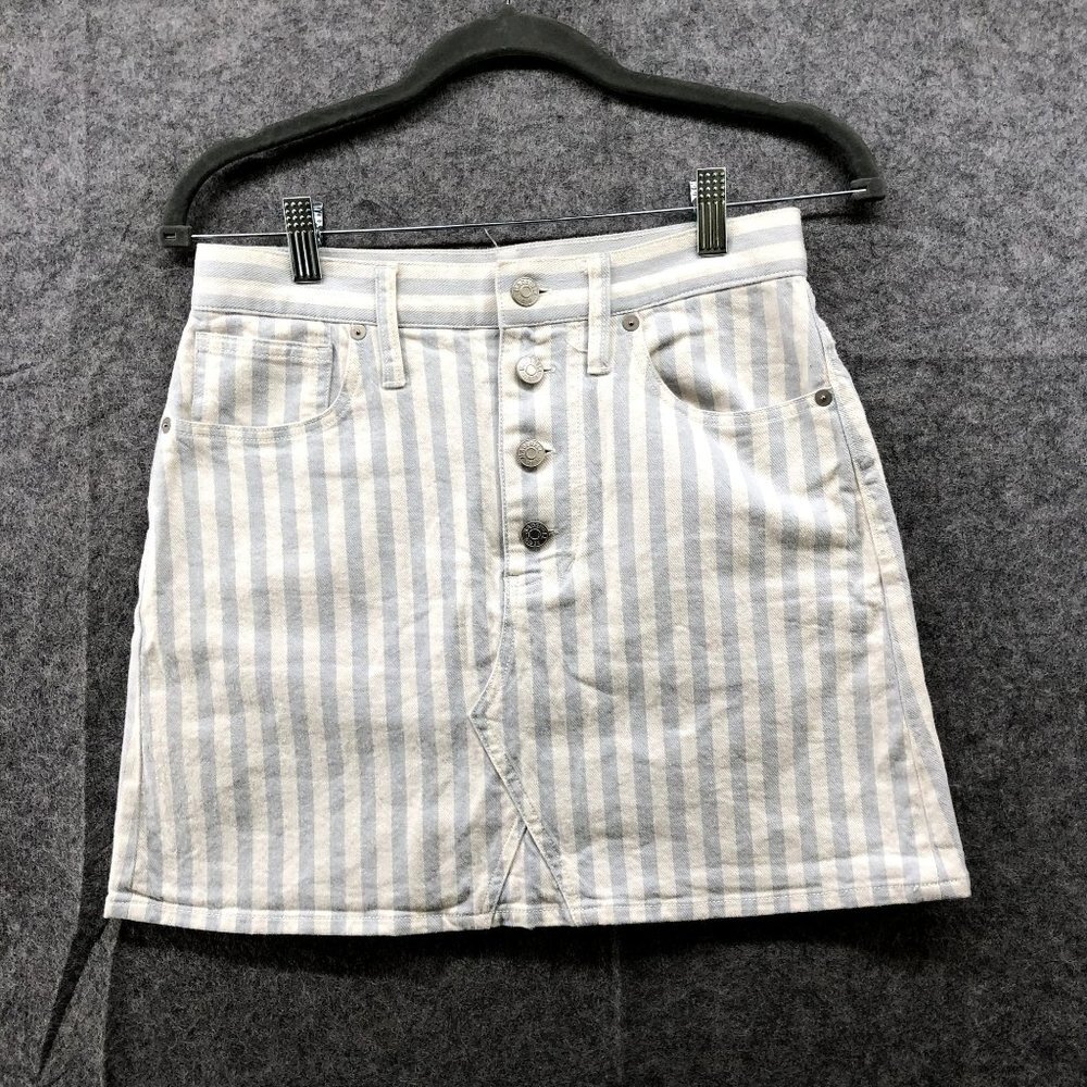 Madewell Denim Mini Skirt Sz 26 Pompano Stripe Blue White A Line Stretch Button